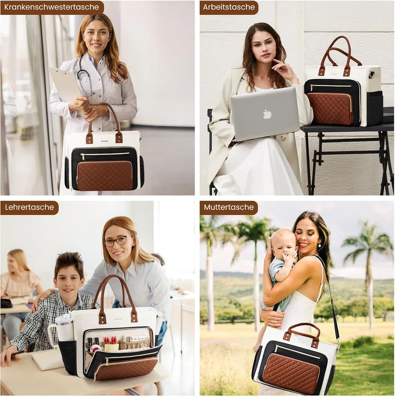 LOVEVOOK Lehrertasche Damen Gross, 15.6 Zoll Laptoptasche Arbeitstasche Khaki-beige-kaffeebraun 15,6