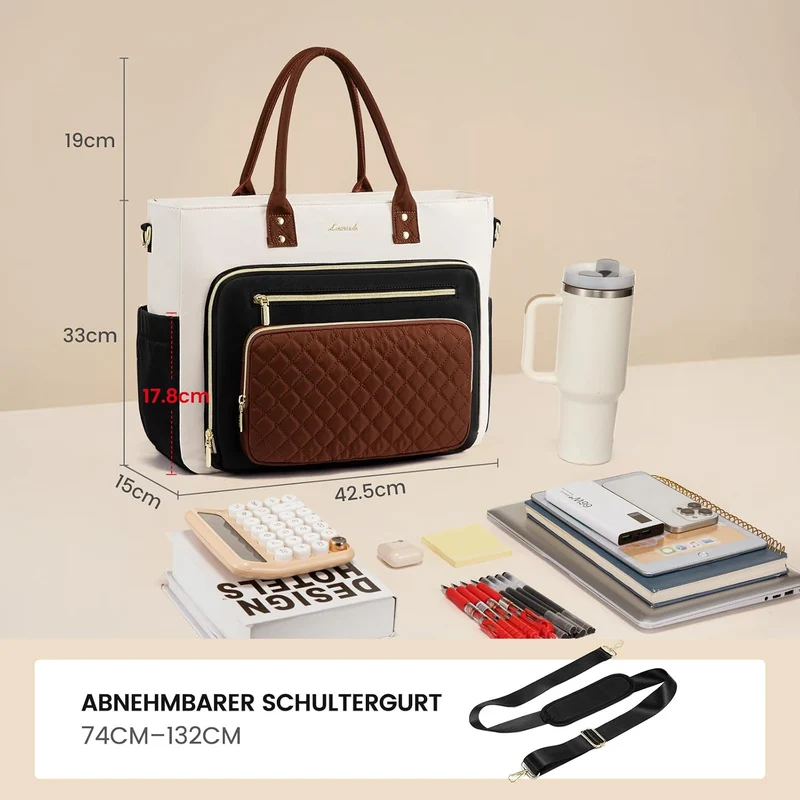 LOVEVOOK Lehrertasche Damen Gross, 15.6 Zoll Laptoptasche Arbeitstasche Khaki-beige-kaffeebraun 15,6