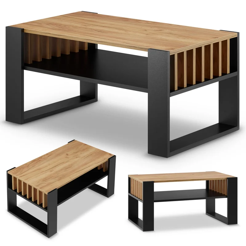 defiPad Couchtisch Eiche Schwarz im Lamellendesign mit Stauraum, 92x50 cm Schwarz + Eiche, Schwarz +