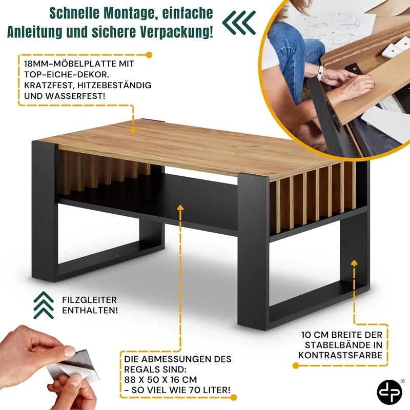 defiPad Couchtisch Eiche Schwarz im Lamellendesign mit Stauraum, 92x50 cm Schwarz + Eiche, Schwarz +