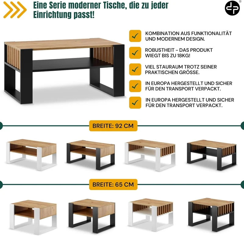 defiPad Couchtisch Eiche Schwarz im Lamellendesign mit Stauraum, 92x50 cm Schwarz + Eiche, Schwarz +