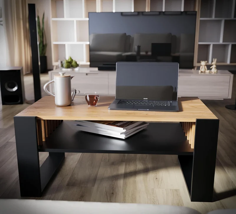 defiPad Couchtisch Eiche Schwarz im Lamellendesign mit Stauraum, 92x50 cm Schwarz + Eiche, Schwarz +