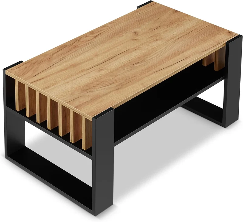 defiPad Couchtisch Eiche Schwarz im Lamellendesign mit Stauraum, 92x50 cm Schwarz + Eiche, Schwarz +