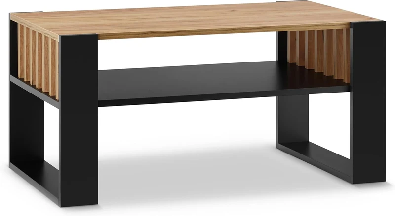 defiPad Couchtisch Eiche Schwarz im Lamellendesign mit Stauraum, 92x50 cm Schwarz + Eiche, Schwarz +