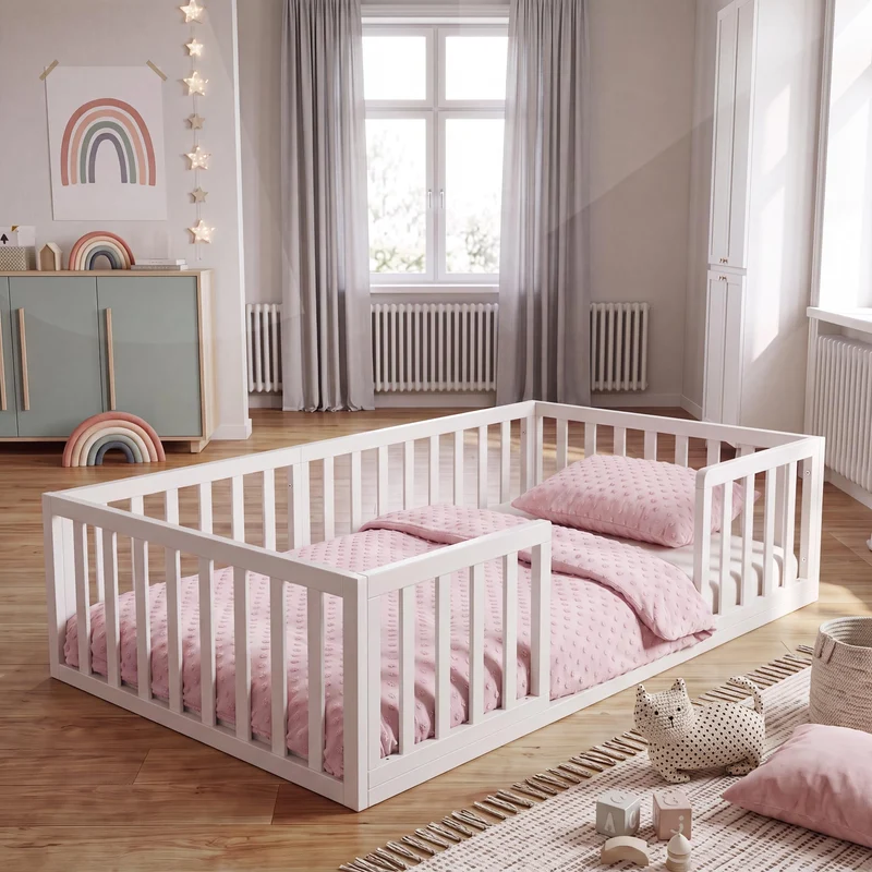 roba Montessori Bodenbett 70x140 cm weiss mit Rausfallschutz & Lattenrost | Montessori Kinderbett •