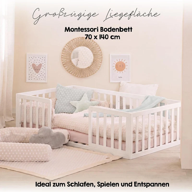 roba Montessori Bodenbett 70x140 cm weiss mit Rausfallschutz & Lattenrost | Montessori Kinderbett •
