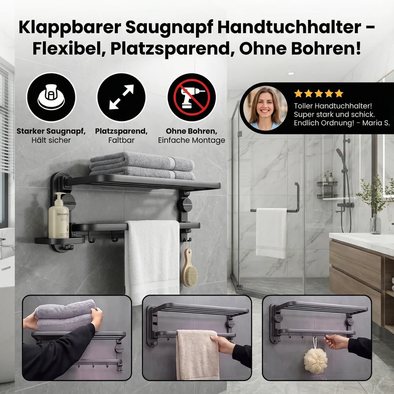 Praktischer Handtuchhalter mit Saugnapf und klappbarem Design zur bohrfreien Wandmontage