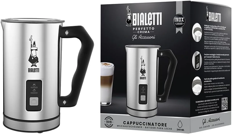 Bialetti 0004430 Montalatte Elettrico, Fassungsvermögen 240 ml, 500 W, 1 Tasse Rostfreier Stahl, Sil