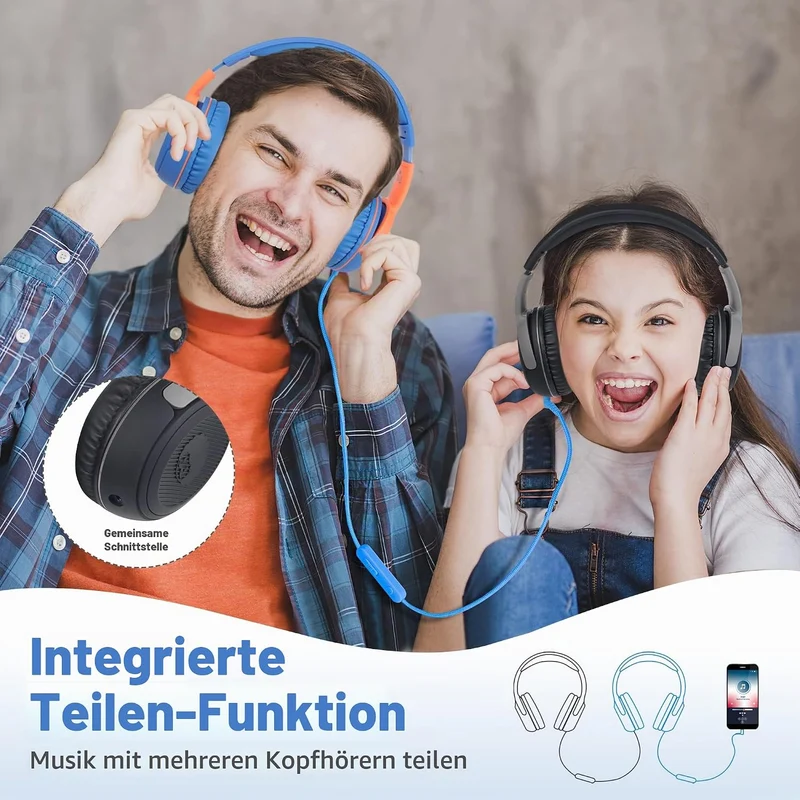 RockPapa Share 1 Kopfhörer Kinder Schule Mädchen Junge, 85dB/94dB Lautstärkebegrenzung, Sharing-Funk