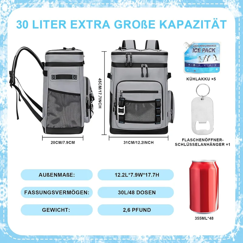 30L Kühlrucksack, Picknicktasche Kühl Rucksack Gross, Kühltasche mit Kühlfach, 4 Eisbeutel & Flasche