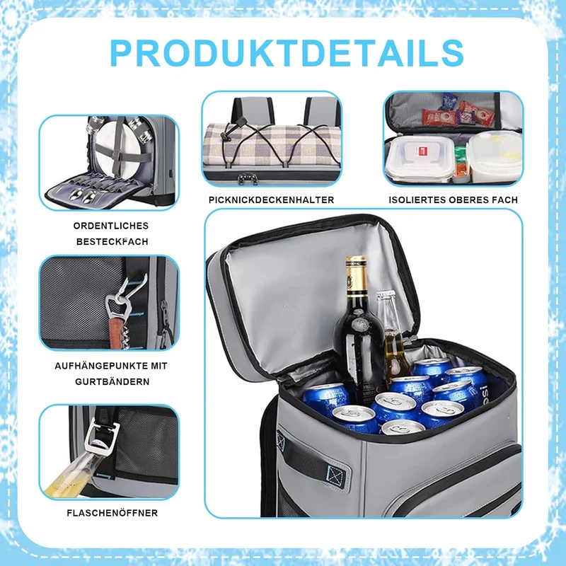 30L Kühlrucksack, Picknicktasche Kühl Rucksack Gross, Kühltasche mit Kühlfach, 4 Eisbeutel & Flasche