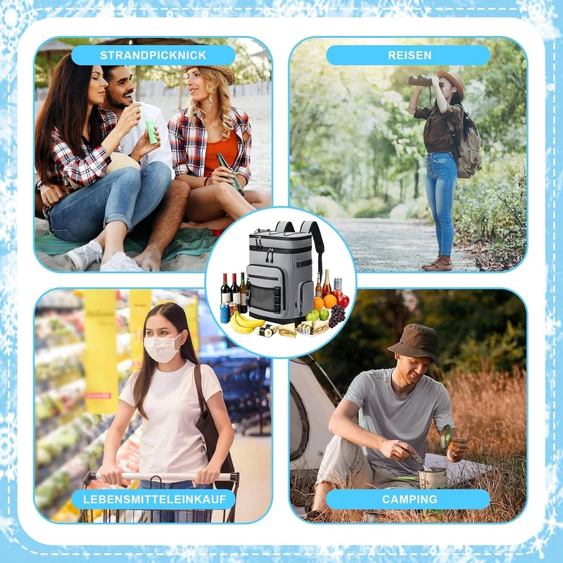 30L Kühlrucksack, Picknicktasche Kühl Rucksack Gross, Kühltasche mit Kühlfach, 4 Eisbeutel & Flasche
