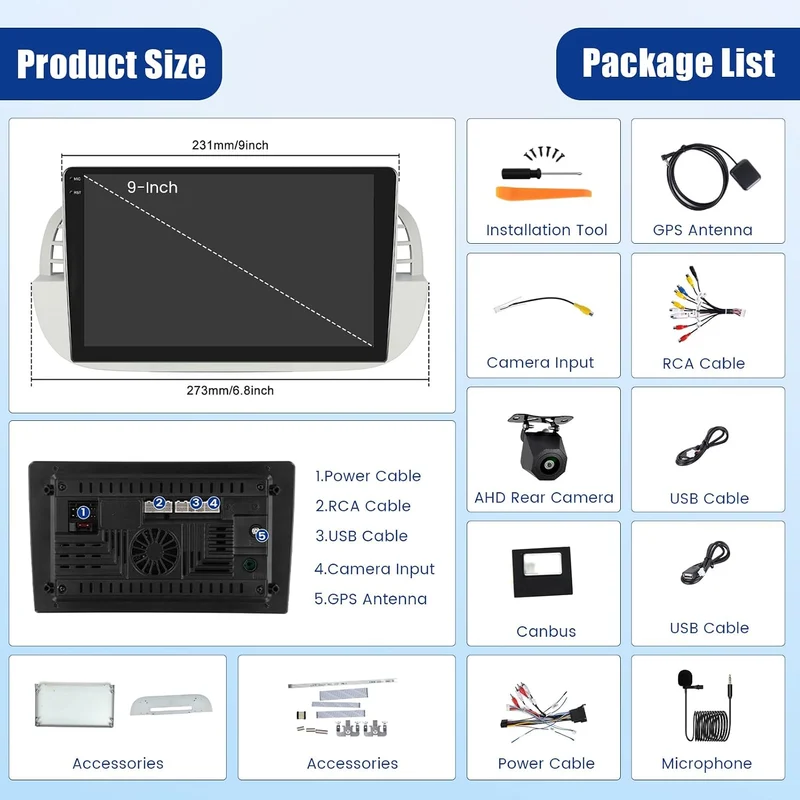 Inefala 4G+128G Android 15 Autoradio für FIAT 500 2007-2014