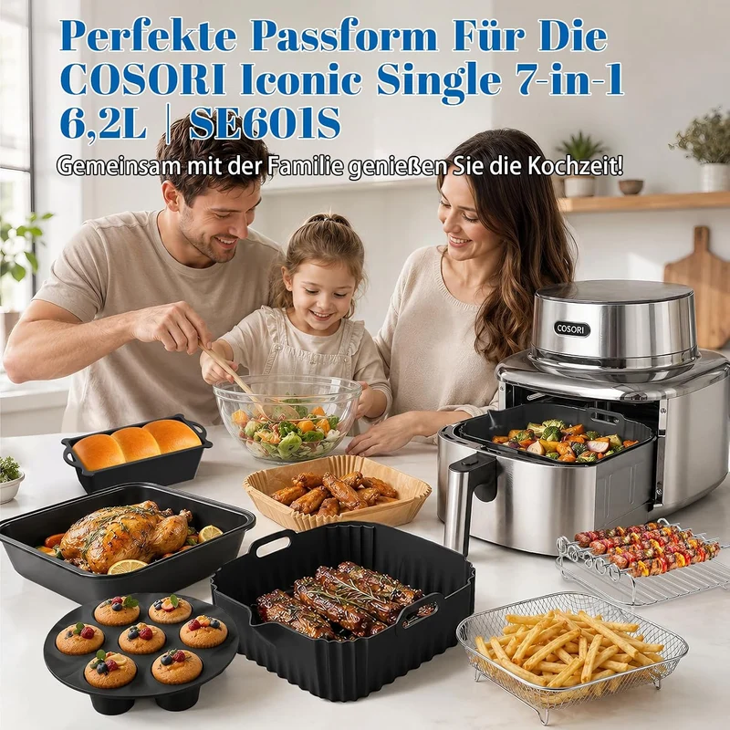 Airfryer Zubehör - Heissluftfritteuse Zubehör für COSORI Iconic Single 6,2L | SE601S, Silikonform He