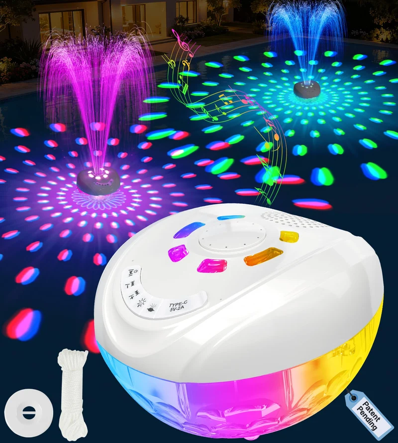 Luxfero 3 in 1 Pool Lautsprecher mit Springbrunnen & Pool Licht,Schwimmender Bluetooth Lautsprecher