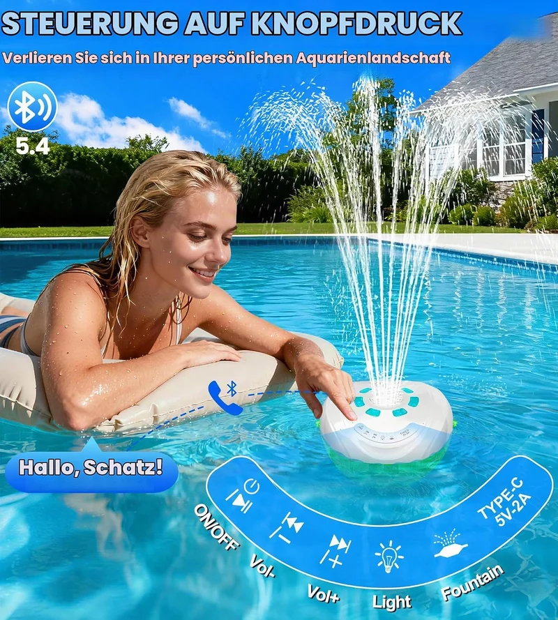 Luxfero 3 in 1 Pool Lautsprecher mit Springbrunnen & Pool Licht,Schwimmender Bluetooth Lautsprecher
