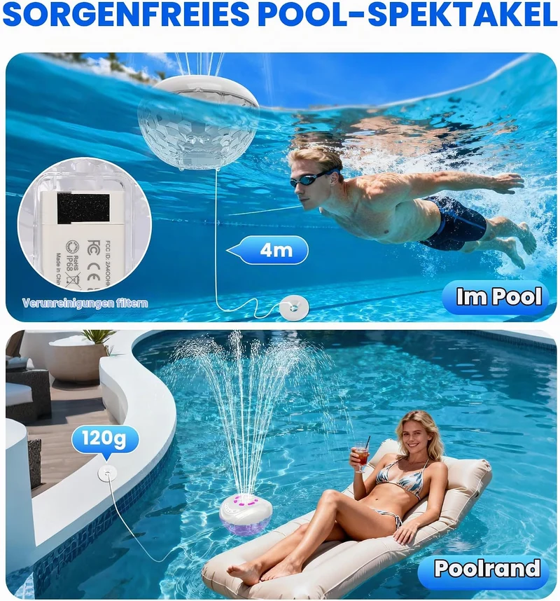Luxfero 3 in 1 Pool Lautsprecher mit Springbrunnen & Pool Licht,Schwimmender Bluetooth Lautsprecher