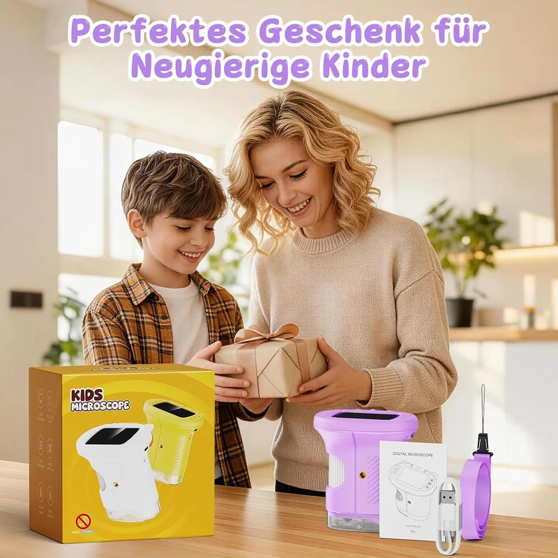 Tragbares Mikroskop für Kinder, 1000x Digitales Handmikroskop Kinder mit 2,4 Zoll IPS Bildschirm, Fo