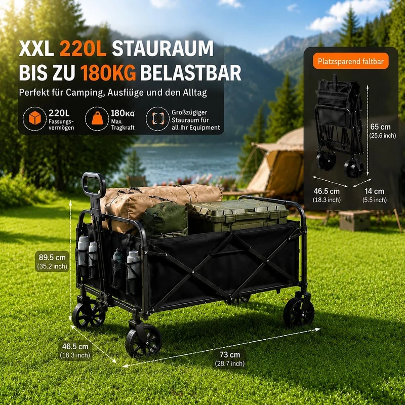 Zstar Bollerwagen Faltbar 220L mit 180 kg Tragkraft | 73 × 46,5 × 89,5 cm, 360° Räder, verstellbarer