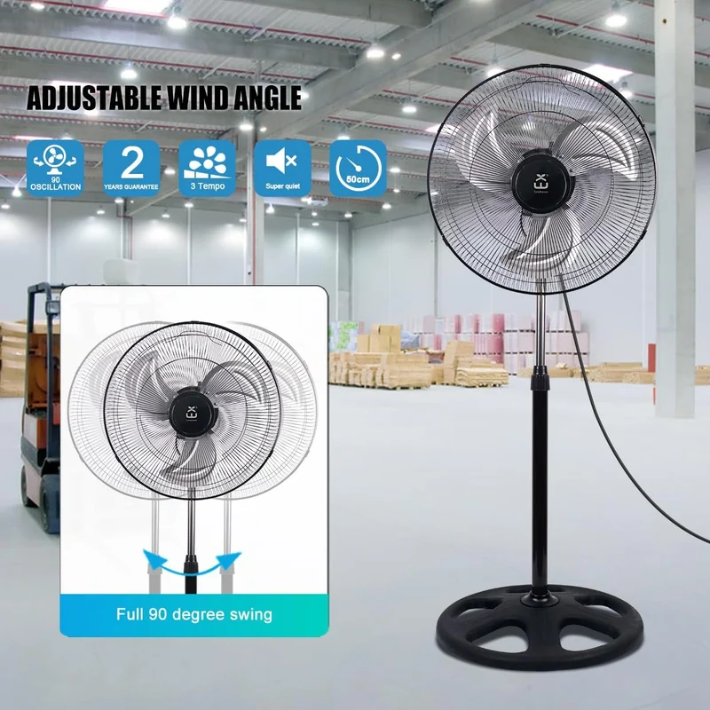 Standventilator 50cm Industrie Ventilator mit 3 Aluminiumflügeln, 80W Starker Luftstrom, 3 Geschwind