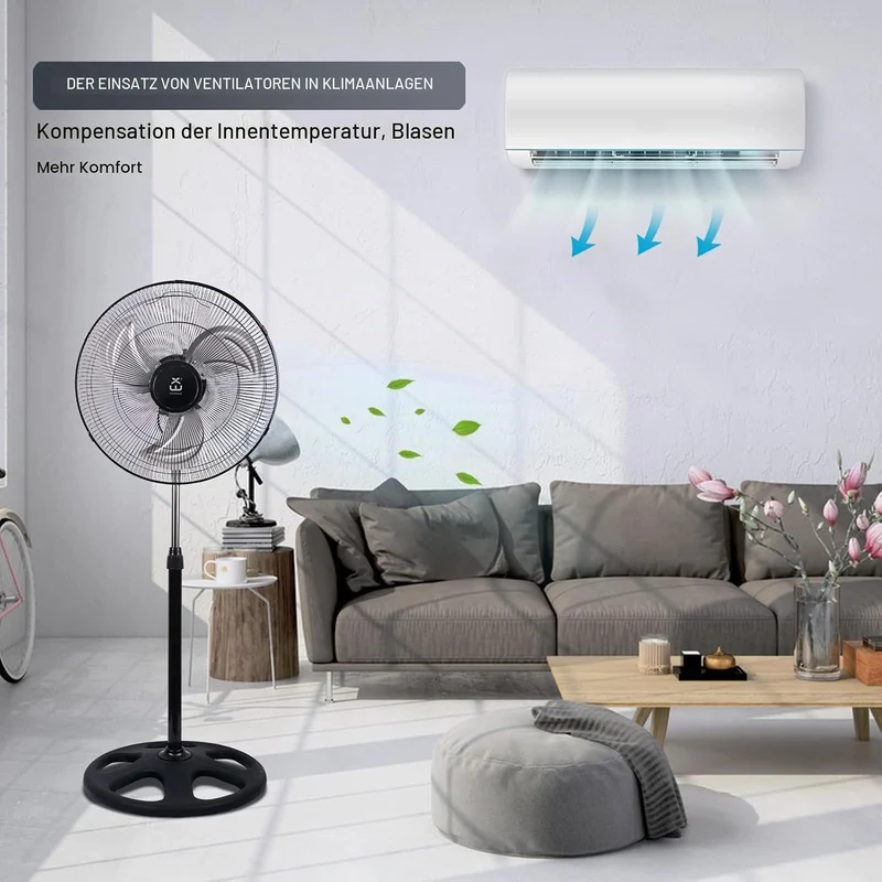 Standventilator 50cm Industrie Ventilator mit 3 Aluminiumflügeln, 80W Starker Luftstrom, 3 Geschwind