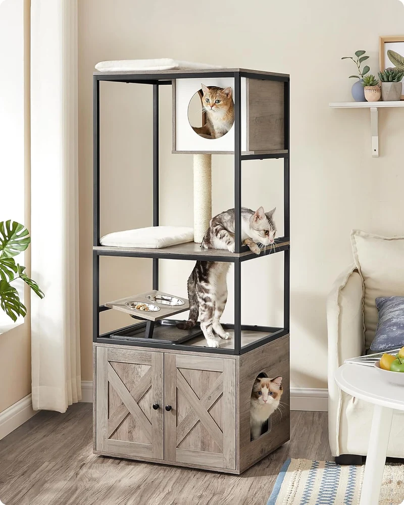 Feandrea Kratzbaum, Katzenbaum, Katzenhaus mit Katzenklo-Schrank, erhöhter Napfständer, Sisalstamm,