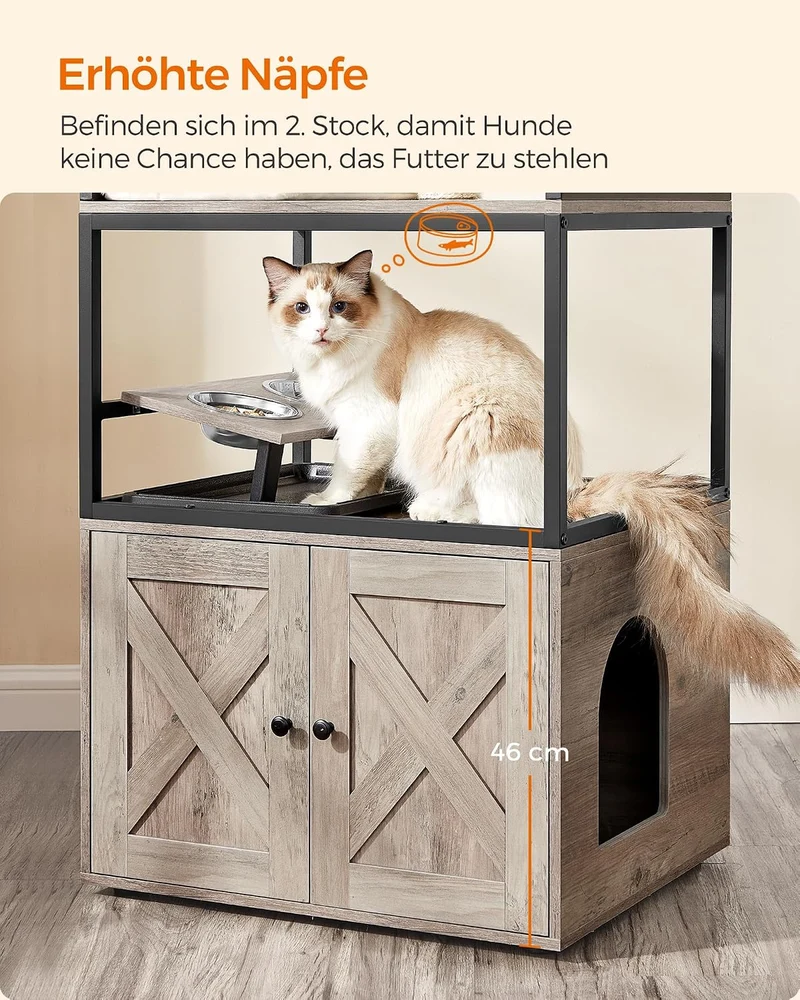 Feandrea Kratzbaum, Katzenbaum, Katzenhaus mit Katzenklo-Schrank, erhöhter Napfständer, Sisalstamm,