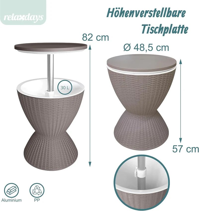 Relaxdays Beistelltisch mit Kühlfunktion, 30 L, Cool Bar, HxØ: 57x48,5 cm, höhenverstellbar, Rattan,