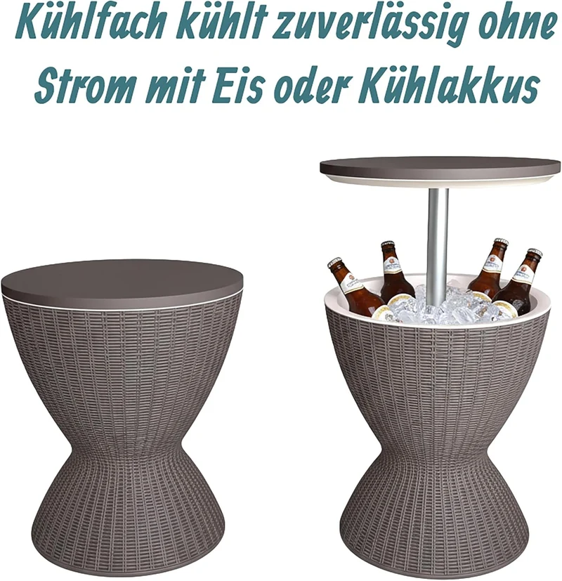 Relaxdays Beistelltisch mit Kühlfunktion, 30 L, Cool Bar, HxØ: 57x48,5 cm, höhenverstellbar, Rattan,