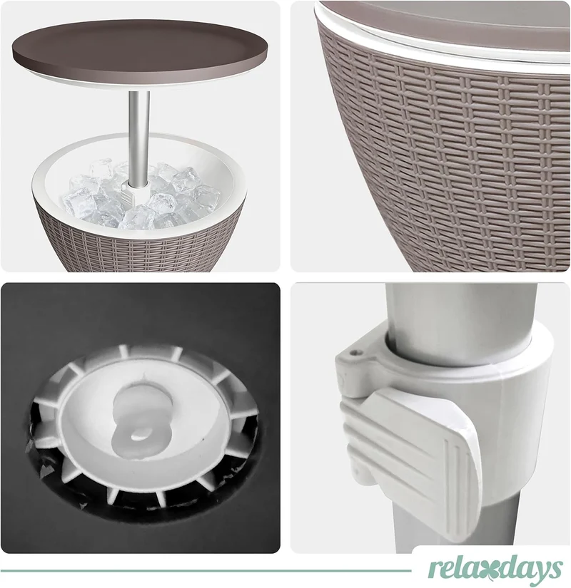 Relaxdays Beistelltisch mit Kühlfunktion, 30 L, Cool Bar, HxØ: 57x48,5 cm, höhenverstellbar, Rattan,