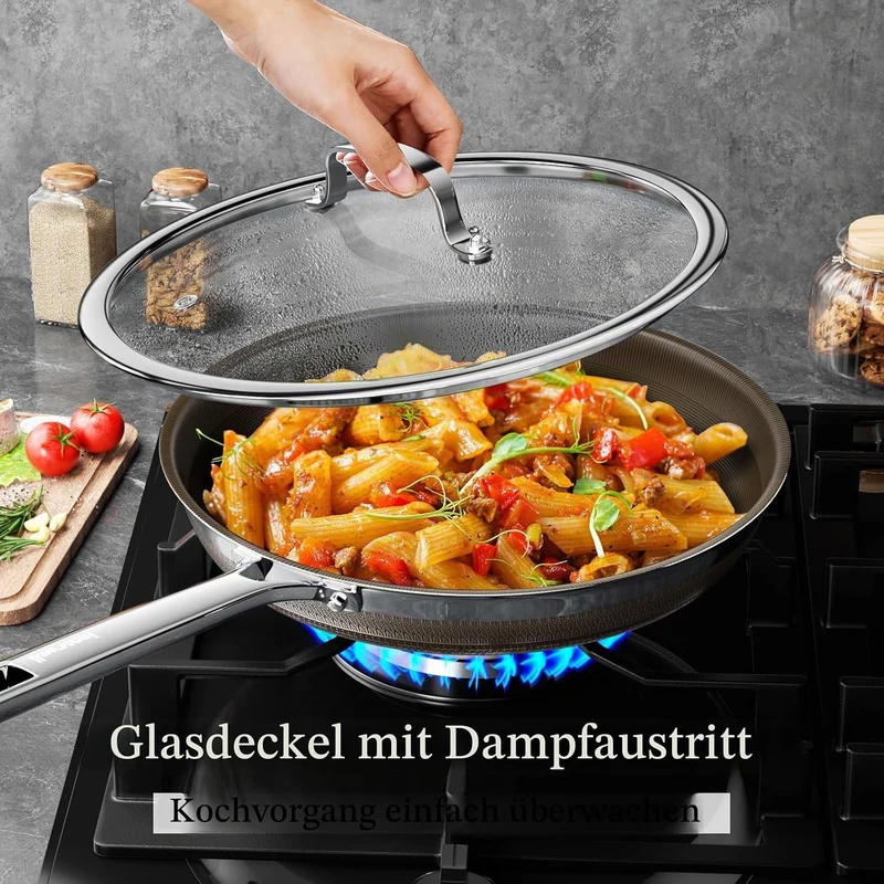 Innerwell Titan Keramik Bratpfanne 28 cm, Induktion Pfanne mit Deckel, Edelstahl Pfanne mit Antihaft