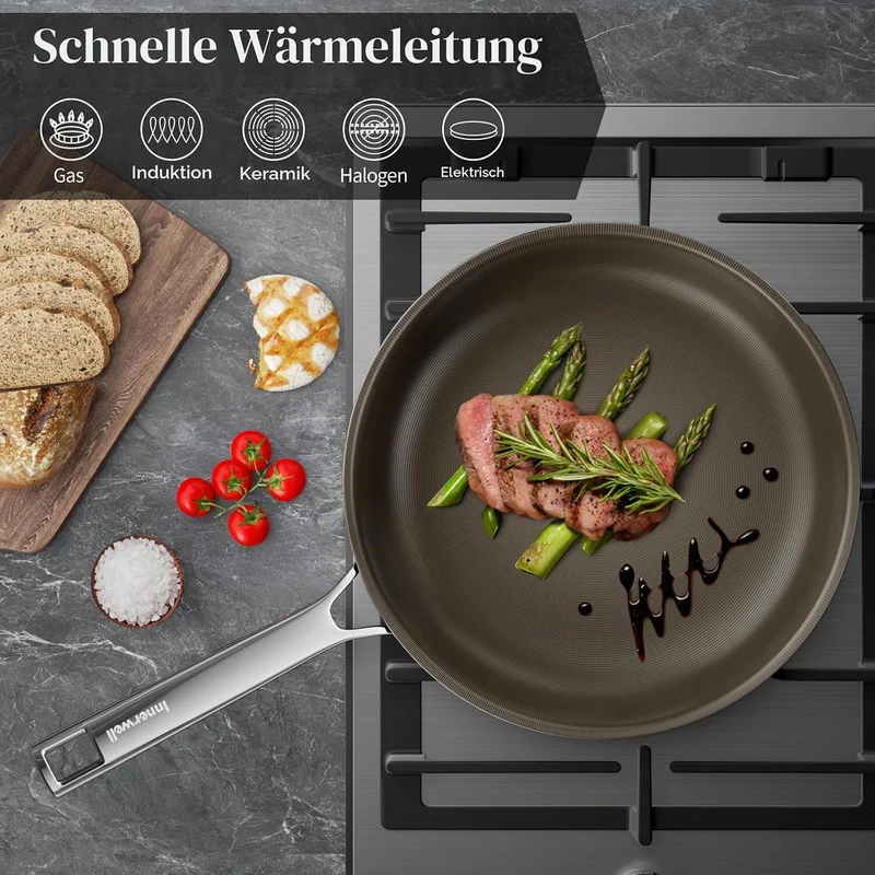 Innerwell Titan Keramik Bratpfanne 28 cm, Induktion Pfanne mit Deckel, Edelstahl Pfanne mit Antihaft