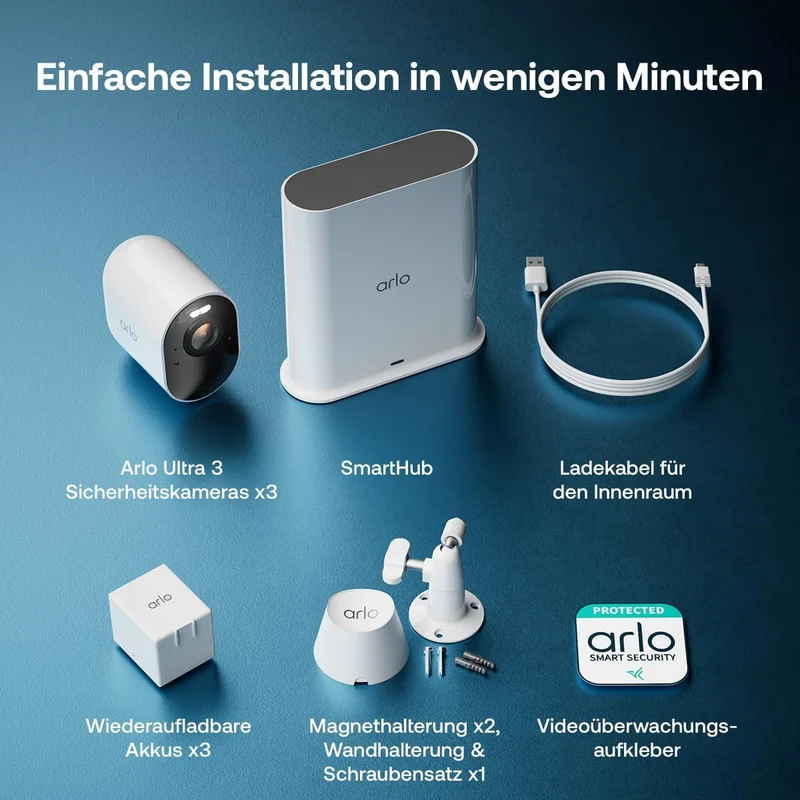 Arlo Ultra 3 Überwachungskamera Aussen WLAN, Kabellos, 4K UHD, KI-Erkennung, Auto-Tracking, Farb-Nac