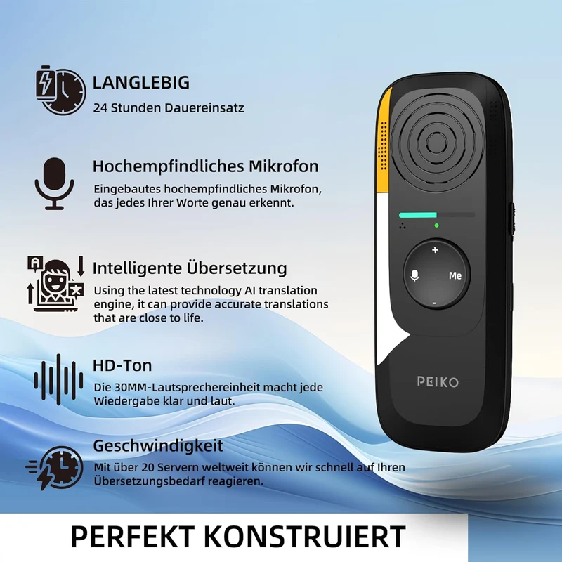 Peiko Sprachübersetzer Gerät – KI-Echtzeit-Übersetzer mit 75 Sprachen & 136 Akzenten, Zwei-Wege-Offl