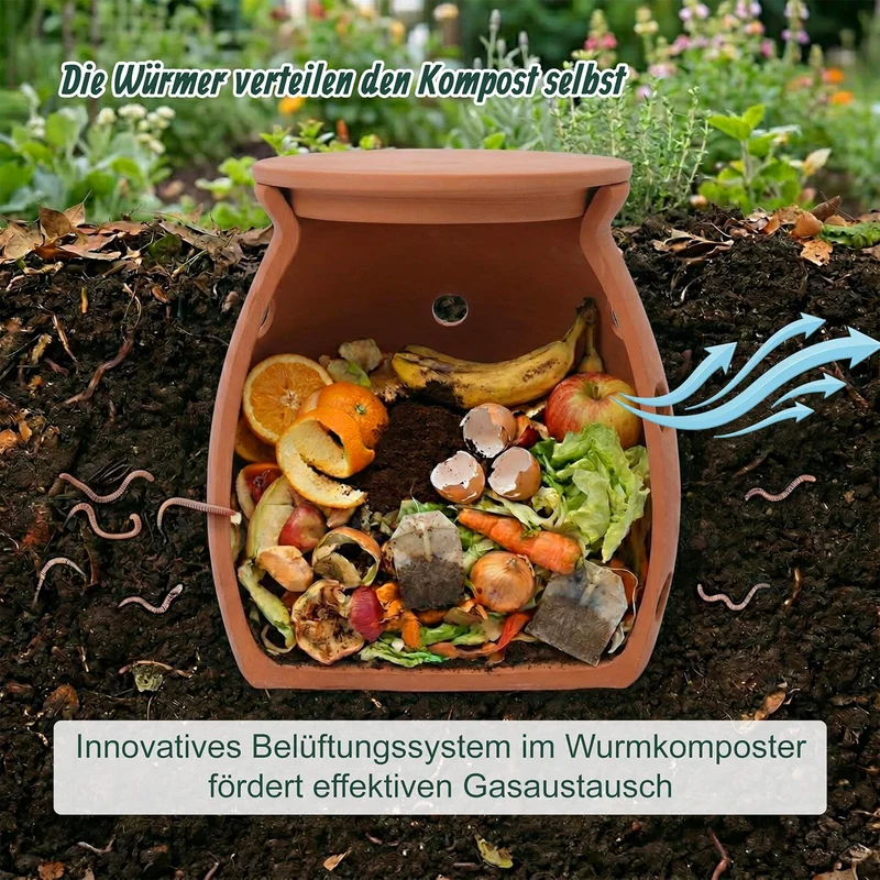 Relaxdays Wurmkomposter zum Eingraben, 1L, Wurmturm für Küchenabfälle, Deckel, Komposter Garten & Be