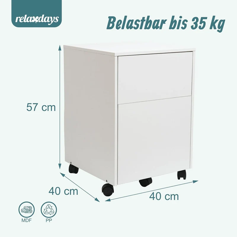 Relaxdays Rollcontainer, 2 Schubladen, Hängeregister, HxBxT: 57 x 40 x 40 cm, Schreibtischcontainer