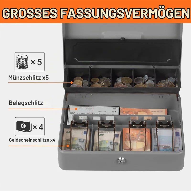 Tera Kassenlade für Geld und Geldscheine, manuelle und automatische Öffnung, 4 Fächer für Geldschein