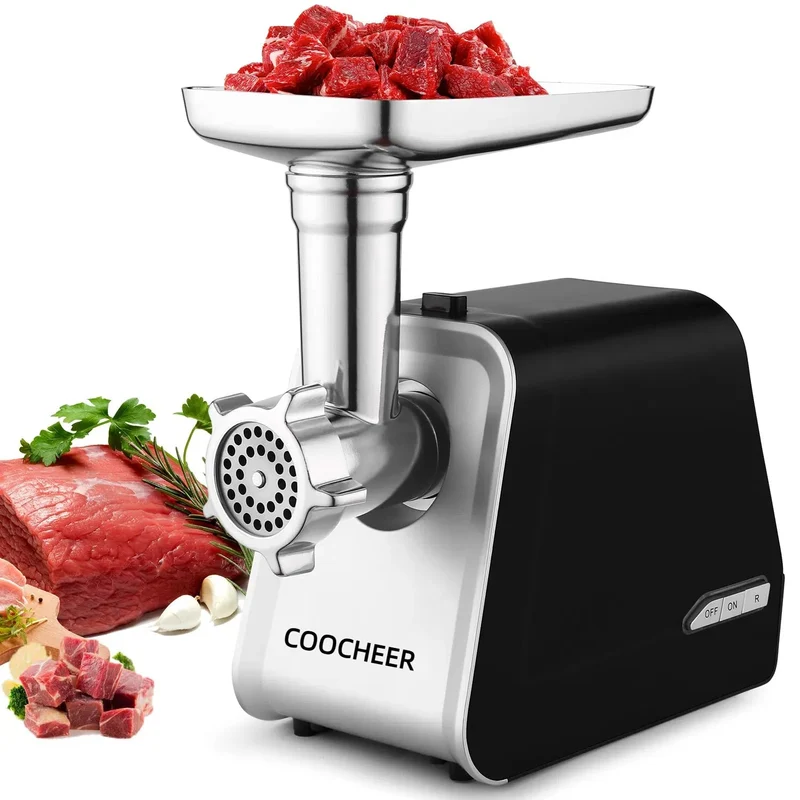 COOCHEER Elektrischer Fleischwolf 2000W Multifunktional mit 3 Mahlscheiben Wurstaufsatz Kebbe-Vorsat
