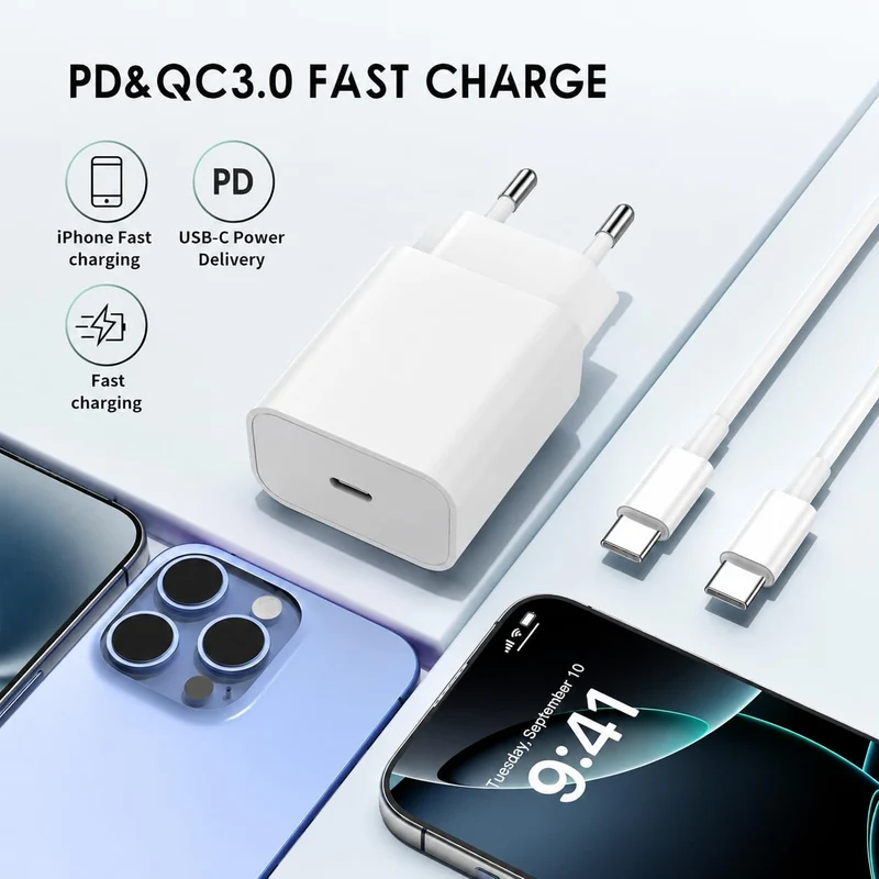 iPhone 17 16 15 Ladegerät, 20W USB C Adapter mit 2M Ladekabel, iPhone Charger, USB C Netzteil Stecke