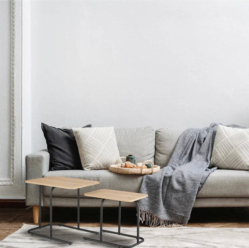Relaxdays Satztisch, 2er Set, Holzoptik, Metall, eckiger Beistelltisch, Wohnzimmer, Flur, Couchtisch