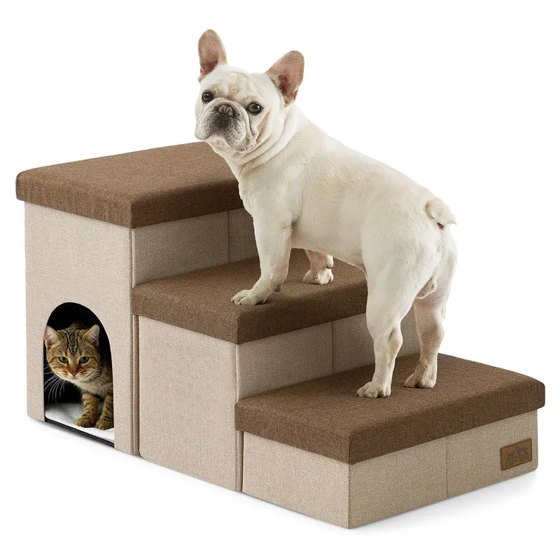 Hundetreppe für Kleine Hunde mit Stauraum und Katzenöffnung, Breite Haustiertreppe Faltbare für Bett