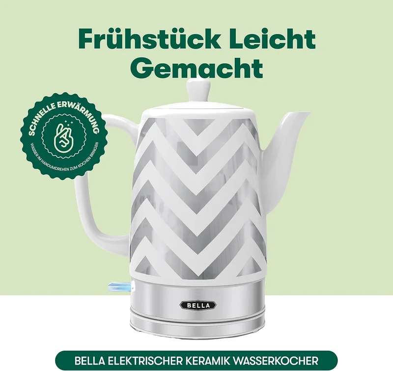 bella Elektrischer Wasserkocher & Teekessel – Keramik-Wassererhitzer mit abnehmbarem Drehfuss, Absch