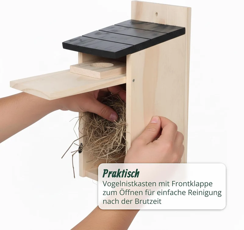 Relaxdays Nistkasten für Spatzen & Meisen, Kiefernholz, 35 mm Einflugloch, mit Klappe, Vogelhaus zum