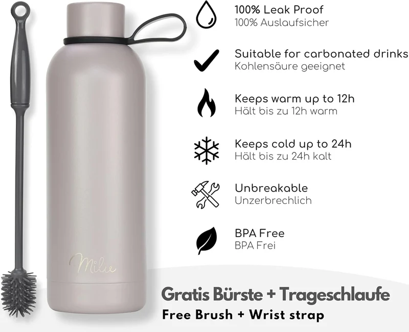 Milu Thermosflasche 500ml Isolierte Edelstahl Thermo Trinkflasche Thermoskanne Auslaufsichere Isolie