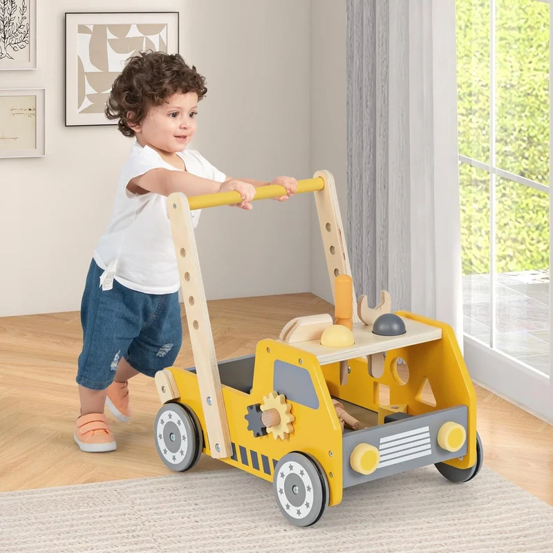 FANTASK Lauflernwagen Holz, 2-in-1 Baby Walker, Lauflernhilfe mit Multi-Aktivitätszentrum & Werkbank