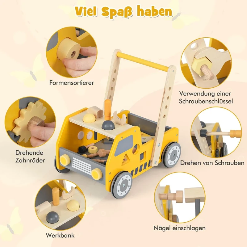 FANTASK Lauflernwagen Holz, 2-in-1 Baby Walker, Lauflernhilfe mit Multi-Aktivitätszentrum & Werkbank