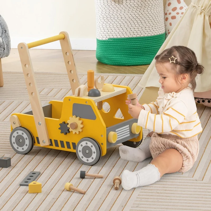 FANTASK Lauflernwagen Holz, 2-in-1 Baby Walker, Lauflernhilfe mit Multi-Aktivitätszentrum & Werkbank