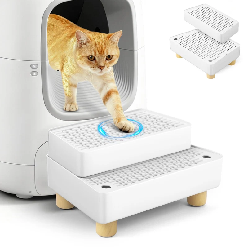 Bartuke Verstellbare 2-stufige Katzentoilettenrampe, Katzen Treppen&Stufen mit Holzfüsse Filterfunkt