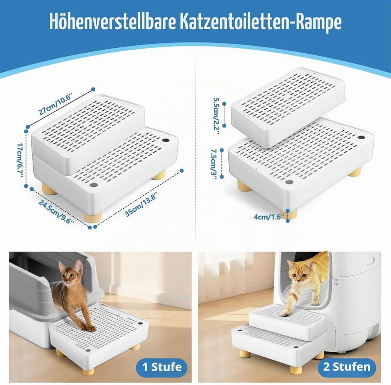 Bartuke Verstellbare 2-stufige Katzentoilettenrampe, Katzen Treppen&Stufen mit Holzfüsse Filterfunkt