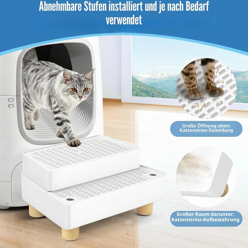 Bartuke Verstellbare 2-stufige Katzentoilettenrampe, Katzen Treppen&Stufen mit Holzfüsse Filterfunkt